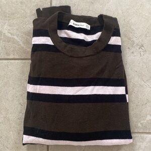 Zara Knit Olive Striped Sweater/Gold Button Detail